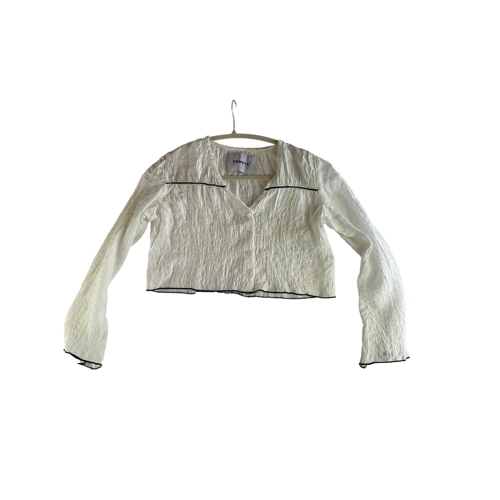 Zemeta White Crinkle Textured Cropped Button Front Top Long Sleeve Small